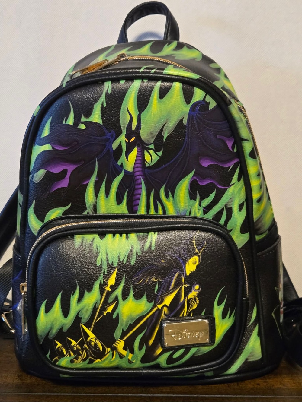 Disney Black Mini Maleficent Sleeping Beauty Backpack with Green and Purple Art